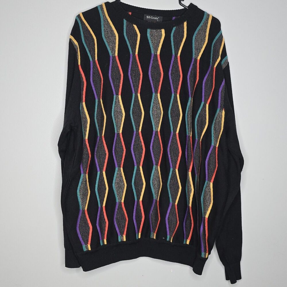 Vintage St Croix Multi Colored Geometric 3D Knit‎ Sweater Size L -PRE-OWNED!